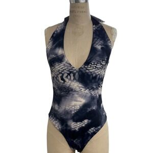 NEW COS Reversible Swimsuit Womens 10 Blue White Abstract Snakeskin Halter
